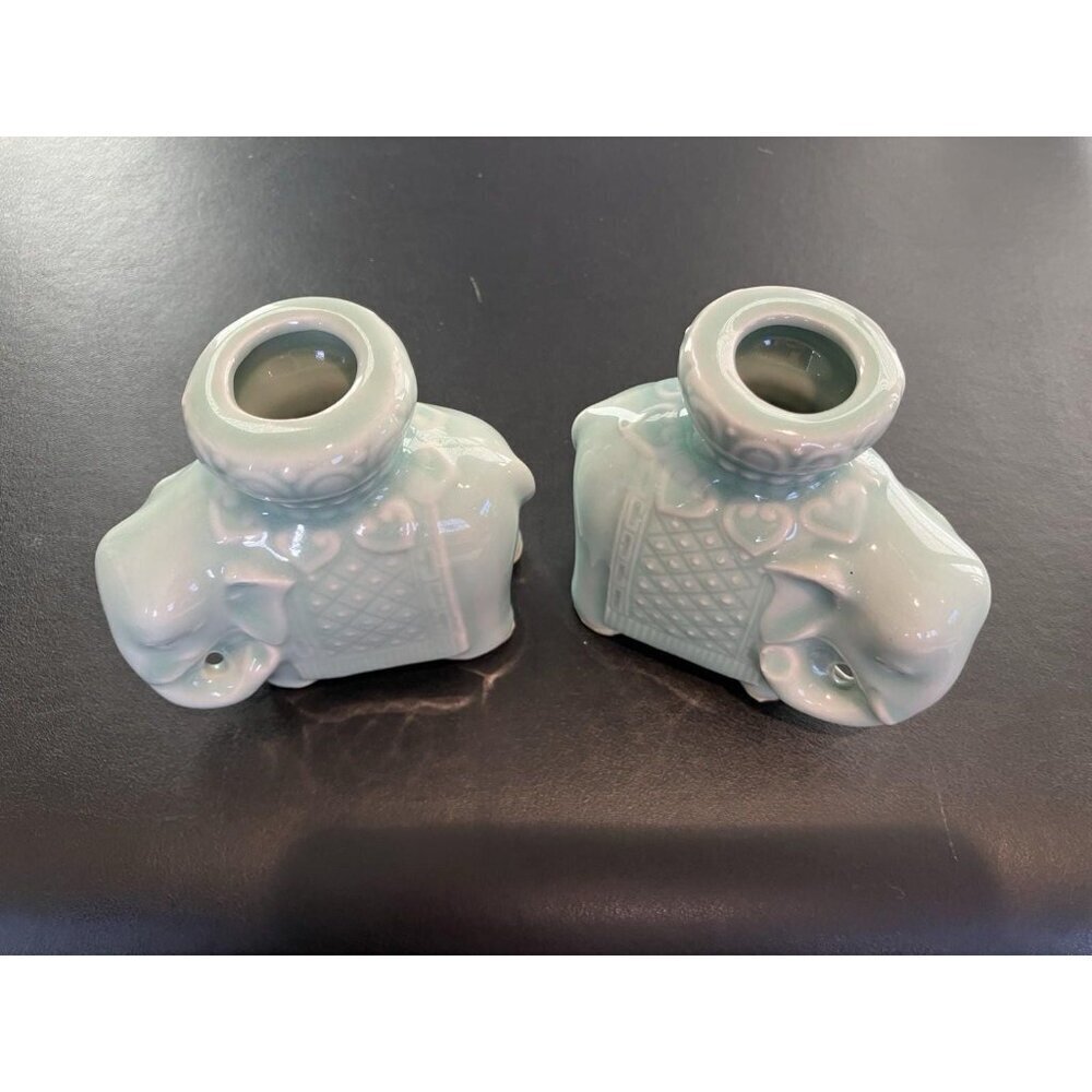 Celadon Ceramic Asian Elephant Candle Holders Vintage, Pair